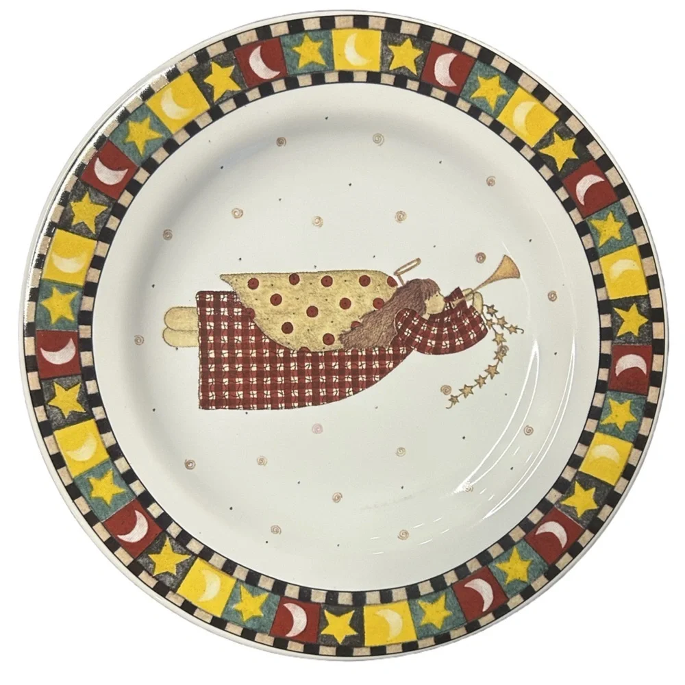 VTG Debbie Mumm whimsical country primitive Xmas angels 4 piece plates set NEW - Picture 5 of 10